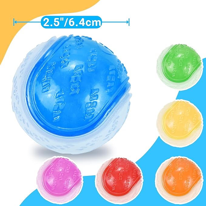 Glow Dog Ball, 2.5” Squeaky Dog Toy Ball, Dog Rubber Ball Toys for Small and Medium Dogs, Durable Dog Fetch Toys Puppy Chew Toys Pack of 6