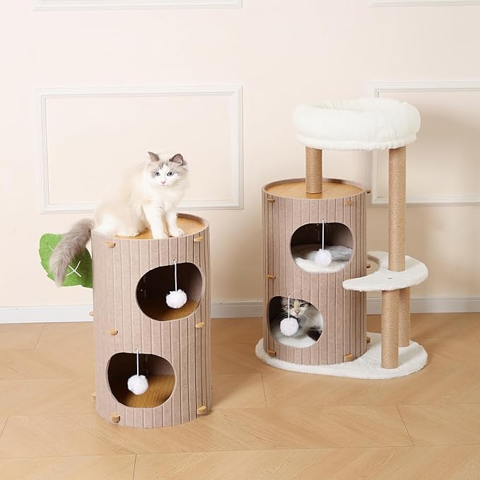 Cat House for Indoor Cats, 2-Storey Large Cat Bed Cave, Felt Covered Cats Tunnel Condo,23.6"