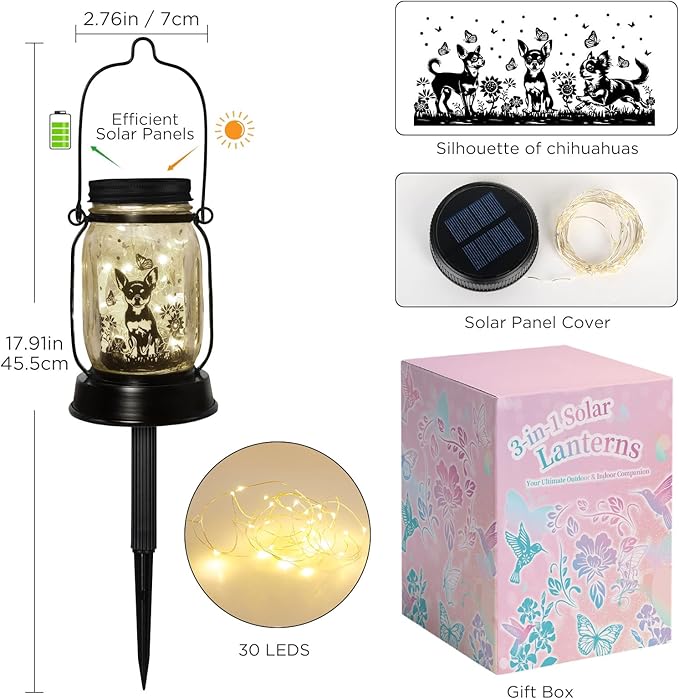 Chihuahua Gifts for Women/Men Chihuahua Solar Lanterns Dog Mom Birthday Dog Lovers Lantern Pet loss Pet Memorial Lights Solar Garden Decoration Outside for Yard, Patio,Backyard,Porch Torches