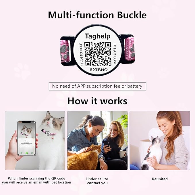 Airtag Cat Collar Breakaway with Bell & Reflective Design - Cute Paw Print Kitten Collar with Apple Airtag Holder & Safety Buckle - Perfect Pet Supplies, QR Code & Gifts for Girl & Boy Cats (Pink)