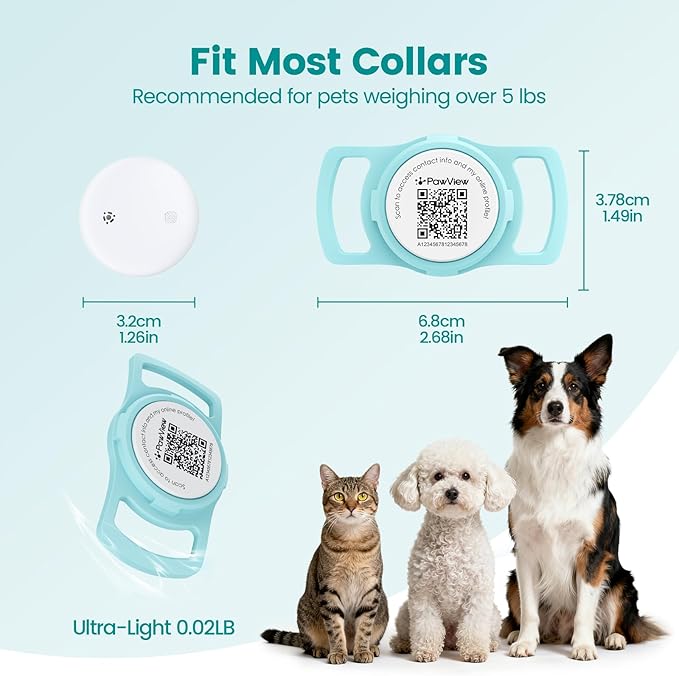 Smart Pet Tracker for Collar - Dog Trackers Location for Pet with Holder, No Monthly Fee, Real-Time Tracking, iOS Only, Emergency Contact, Long-Lasting, Anti-Lost Tracker for Cats, Bag Straps