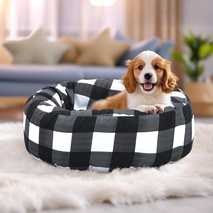 Round Dog Bed Cover Washable Elastic Edged Pet Bed Protector with Black Lattice Pattern Design for Medium & Small Pet Beds, Cover Only (Lattice, 30×9.8 Inch)