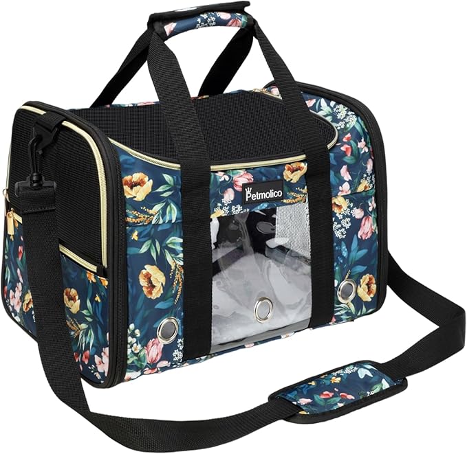 Petmolico Cat Carrier Soft-Sided Pet Bag for Small Medium Cats Puppies 16LBs - Airline Approved Pet Travel Carrier 3 Open Doors (Medium,Green Peony)