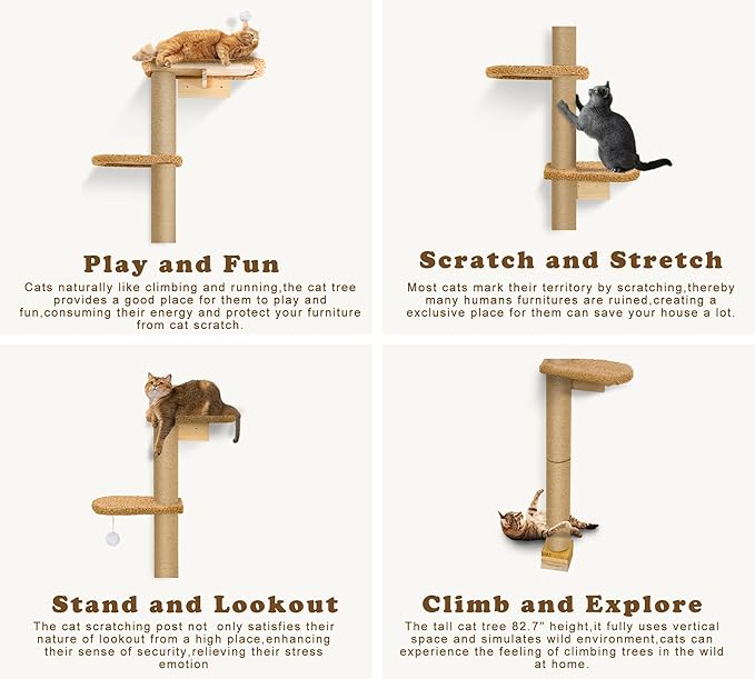 5-Tier Tall Cat Tree for Kittens, Floor to Ceiling Wall Mounted Cat Wall Shelves with Brown Plush Pads, Adjustable Wild Simulation Cat Tower for Climbing, Scratching & Lookout