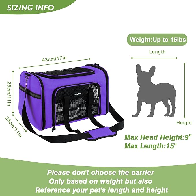 Soundy Dog Carrier Cat Carriers Airline Approved Pet Carrier for Small Medium Dogs Cats Under 15Lbs Puppies Collapsible Soft Sided TSA Travel Puppy Carrier Bag (Medium, Purple)