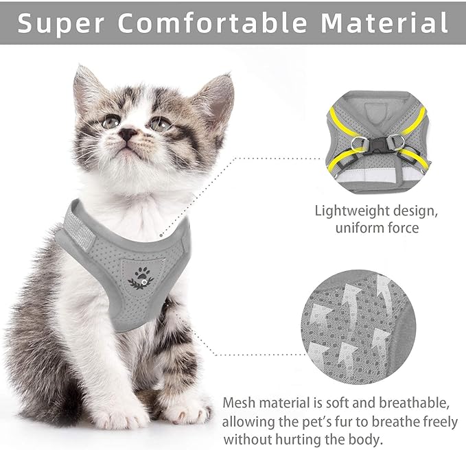 Gray X-Small Adjustable Breathable Reflective Harness for Small Cats and Dogs