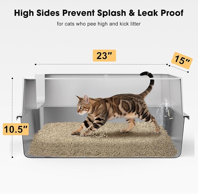 FURTIME Stainless Steel Litter Box with Lid, Large Metal Cat Litter Box for Big Cat, Large Cat Box High Sided with Non-Stick, Odor-Resistant, Anti-Urine Leakage, Easy Cleaning, Includes Scoop and Mat