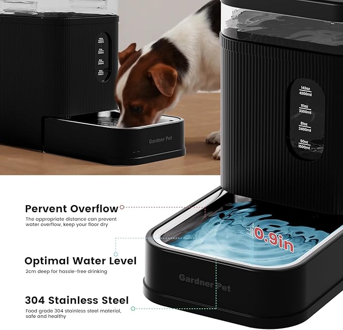 Gardner Pet Automatic Dog Water Dispenser Gravity Waterer with Stainless Steel Bowl Water Dispenser 6.5L Large Capacity Water Feeder with Filters for Dogs Cats Pets, BPA-Free Noise-Free (Black, 6.5L)