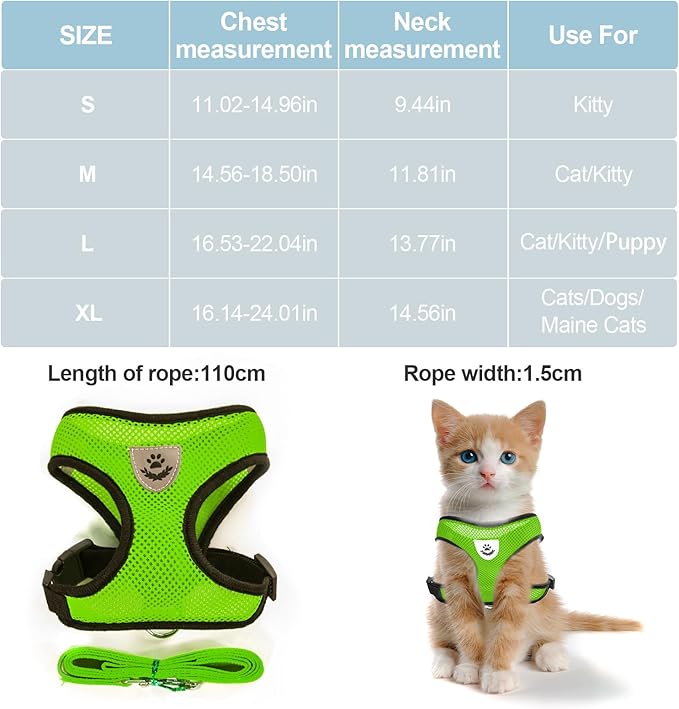 shudyear Summer cat Chest Harness and Leash, Anti-Escape Adjustable Soft mesh cat Leash and Chest Harness Set for All Types of Cats cat Vests (Size S,Green)