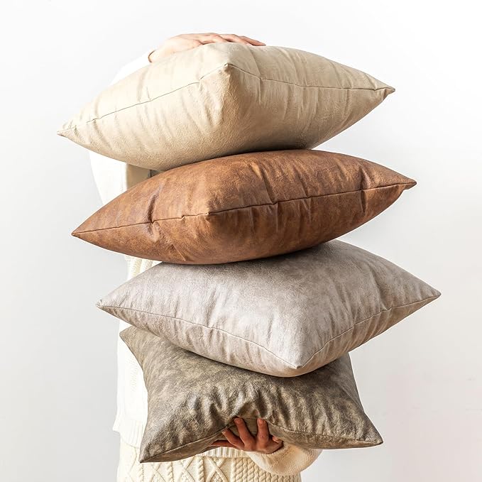 Pack of 2 Faux Leather Pillow Covers, Soft Rustic Farmhouse Neutral Vintage Decorative Cushion Cover, for Home Decor Outdoor Waterproof Pet Hair Resistant Thickened and durable 18X18 Inch Beige