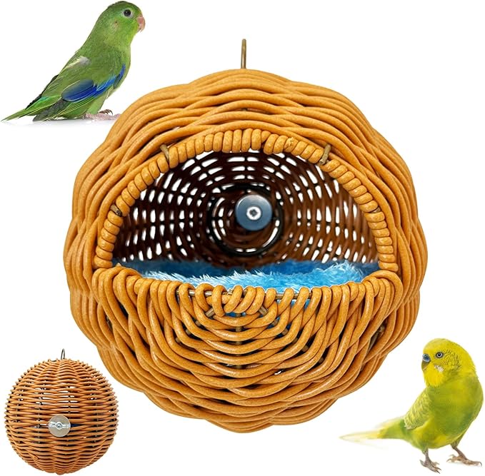 BNOSDM Rattan Bird Nest Parrot Nesting House Parakeet Nesting Soft Lovebird Warm Bed Sleeping for Parrots Bird Cage Accessories for Cockatiels Budgerigars Finches Canaries (G-Hole Style)