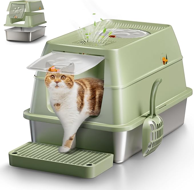 Stainless Steel Cat Litter Box with Lid, XL Large Enclosed High Sided Litter Box with Removable Lid, Carbon Filters -Odor Free, Easy Cleaning, Anti-Urine Leakage for Big Cats -Green
