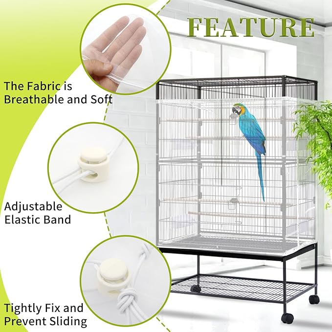 Daoeny Bird Cage Seed Catcher, Large Bird Cage Cover, Adjustable Soft Airy Nylon Mesh Net, Birdcage Cover Skirt Seed Guard for Parrot Parakeet Macaw African Round Square Cages (White)