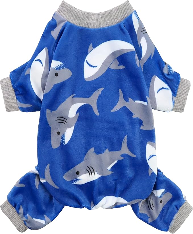 Fitwarm Shark Dog Pajamas, Dog Clothes for Small Dogs Girl Boy, Pet Onesie with Feet, Cat Outfit, Lightweight Velvet, Royal Blue, XL