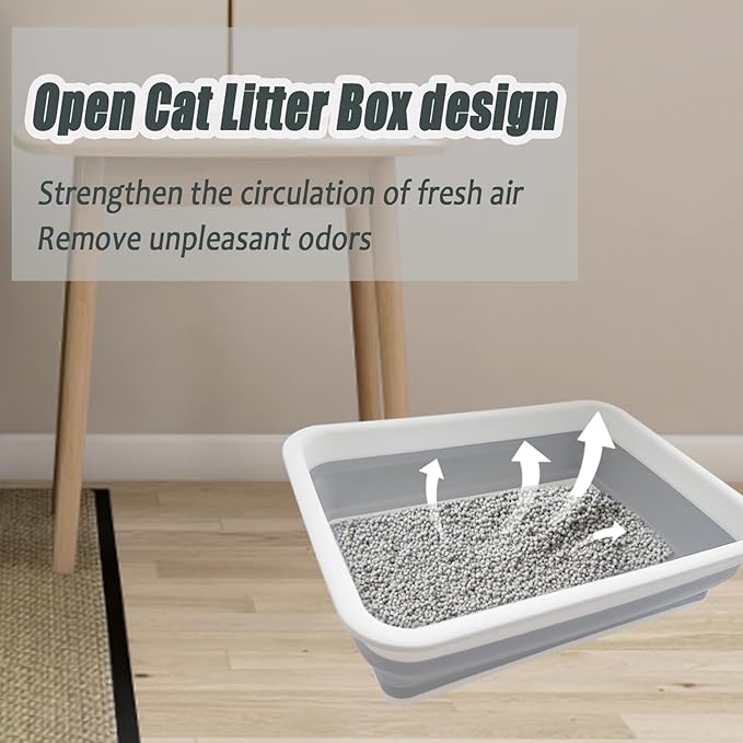 Collapsible Small Cat Litter Box, 14.6 x 10.6 x 4.8 inch Open Waterproof Low Entry Kitten Potty Pan Semi-Enclosed Pet Toilet for Sick Frail Kitty Grey