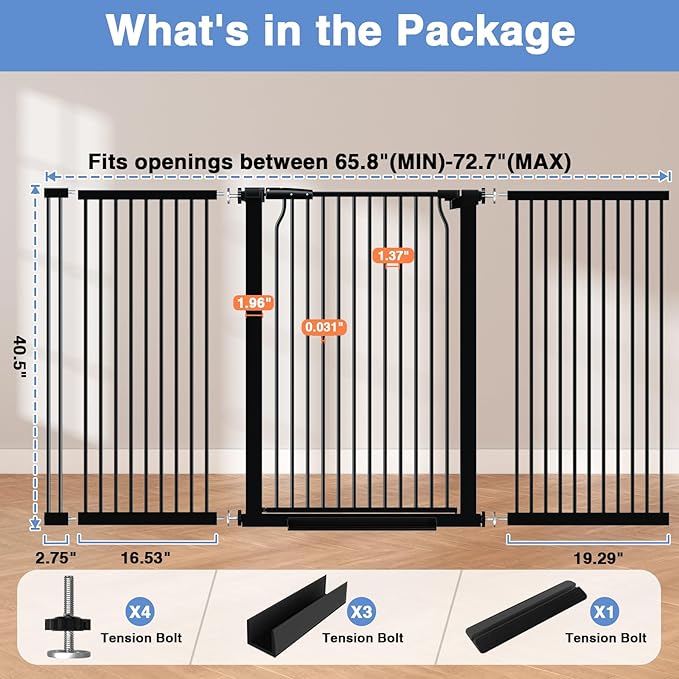 65.7"-72.2" Extra Wide Baby Gate, 40.5" Tall Dog Gate Indoor,Walk Through Pet Gates for Doorways Kitchen No Drilling Auto Close Pressure Mounted Safety Child Toddler Gate, Black