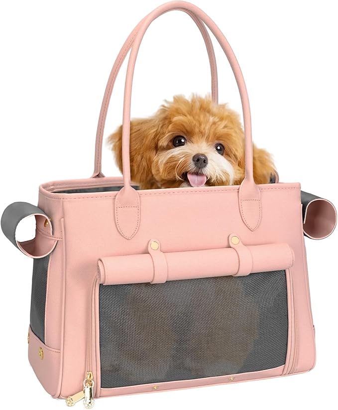 Minsong Fashion Pet Carrier Purse for Small Cat and Dog, Luxury Pu Soft-Sided Tote Bag with Large Pockets for Dogs and Puppies (Pink, 15.8" L x 7.5" W x 11.8" H)