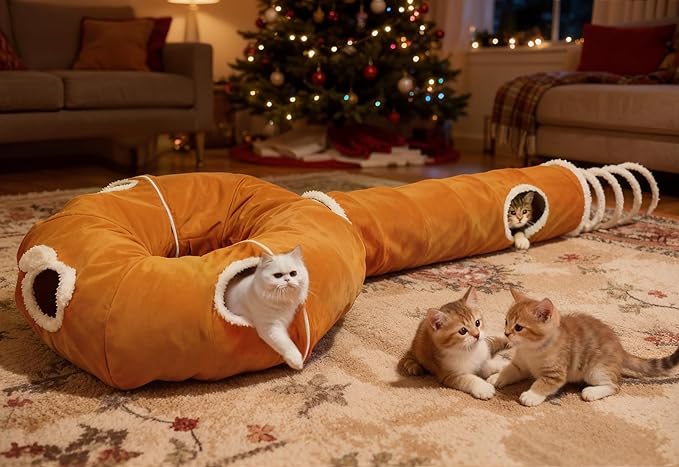 Ownpets 2-in-1 Cat Tunnel, Large Lollipop Shape Cat Tunnel Toy with Fluffy Balls, Spiral Toy, Plush Collapsible Cat Cave Hideout Donut Tunnel for Multi Kitten Puppy Rabbit (Orange)