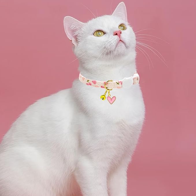2 Pack Cotton Breakaway Cat Collars Set with Bell and Flower Pendant, Cute Floral Fruit Patterned, Adjustable 7.5-11Inch, Include A Mouse Toy Gift (Heart Cherry)