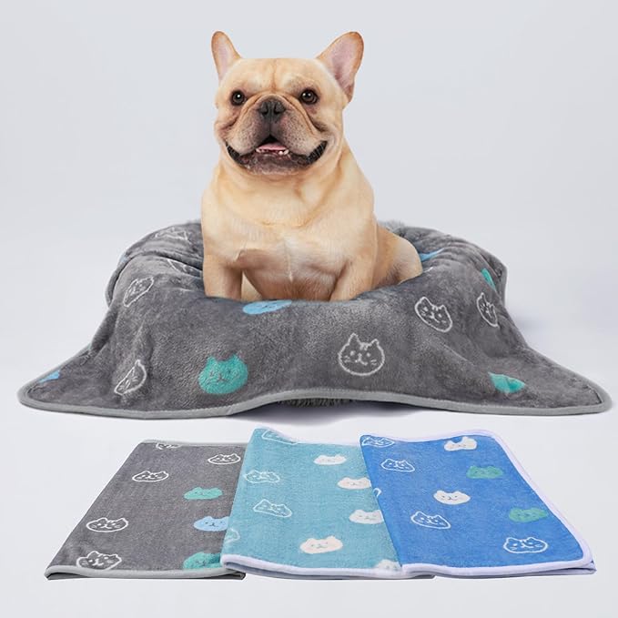 1 Pack 3 Blankets Super Soft Fluffy Premium Cute Cat Pattern Pet Blanket Flannel Throw for Dog Puppy Kitten Blue/Cyan/Grey Medium(30x20 inch)