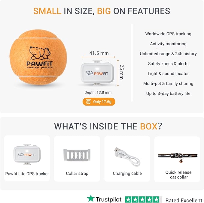 Pawfit Lite for Cats 4g GPS Tracker | Ultra-Small (<18g) Design | Real-Time Tracking | Activity Monitoring | Location History | Unlimited Range | Safety Collar Included | Simply White