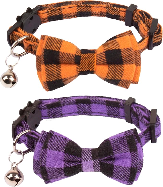 ADOGGYGO Halloween Cat Collars Breakaway with Removable Bowtie Bell, 2 Pack Orange Purple Plaid Halloween Bow Collar for Cats Kittens