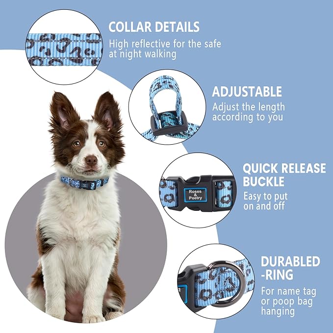 Roses&Poetry Dog Collars for Medium Dogs, Leopard Print Puppy Collar Adjustable Nylon Pet Collar Durable Reflective for Small Medium Large Dogs(Azure-Leopard M)