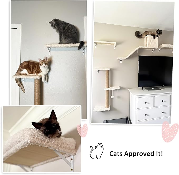 FUKUMARU Cat Wall Shelves, Stable & Safe 4 in 1 Large Cat Walls Furniture Set, Wooden Kitten Climbing Wall with Scratching Post for 16 Inch Drywall - Beige