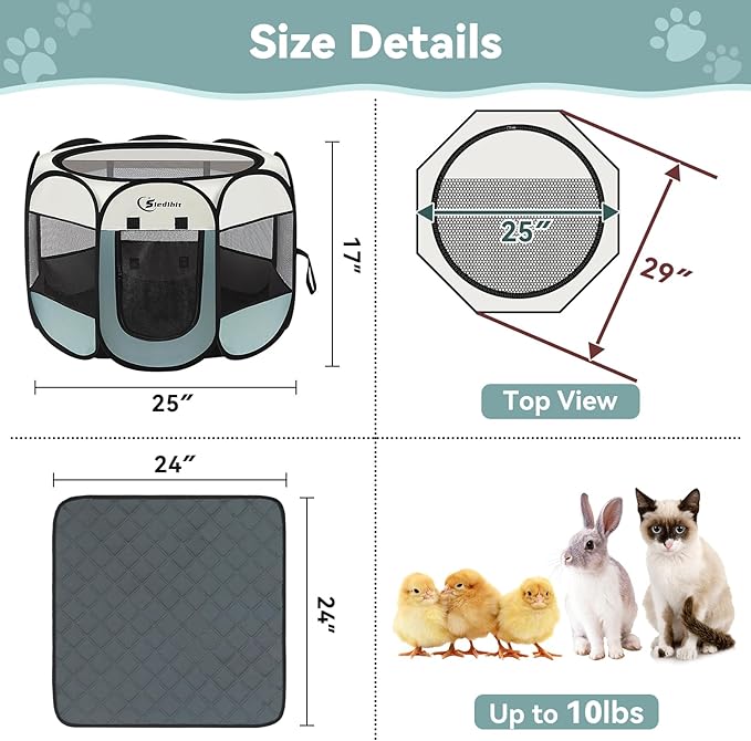 Dog Playpen with Washable Pee Pad, Puppy Pet Cat Playpen Small Dogs Tent Crate Indoor/Outdoor, Portable Pop Up Kennel with Carrying Case for Cats/Rabbits(Grey,Small with pad)