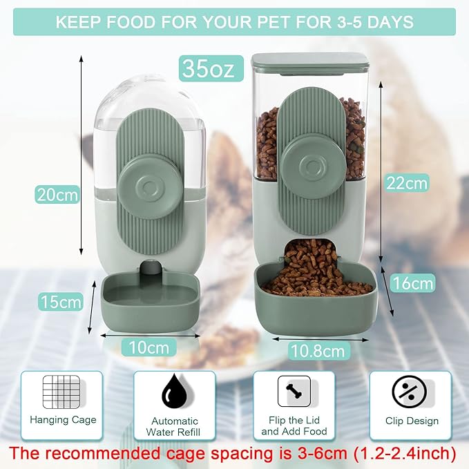 Hanging Automatic Food and Water Dispenser, Gravity Rabbit Feeder Set, Cage Cat and Bunny Food Bowl (Cage Grid Spacing Over 1.2'')