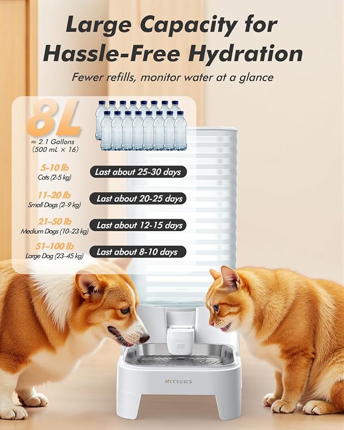 Automatic Dog Water Bowl Dispenser with Patented Faucet - 8L Large Gravity Cat Water Dispenser with Filter & Adjustable Base, Wide Mouth for Easy Clean, BPA-Free, Stainless Steel Pet Waterer for Pets