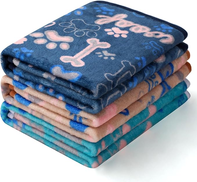 Luciphia 1 Pack 3 Blankets Fluffy Premium Fleece Pet Blanket Flannel Paw Bone Printed Throw for Dog Cat(Medium 30"x20", Khaki/Blue/Navy)