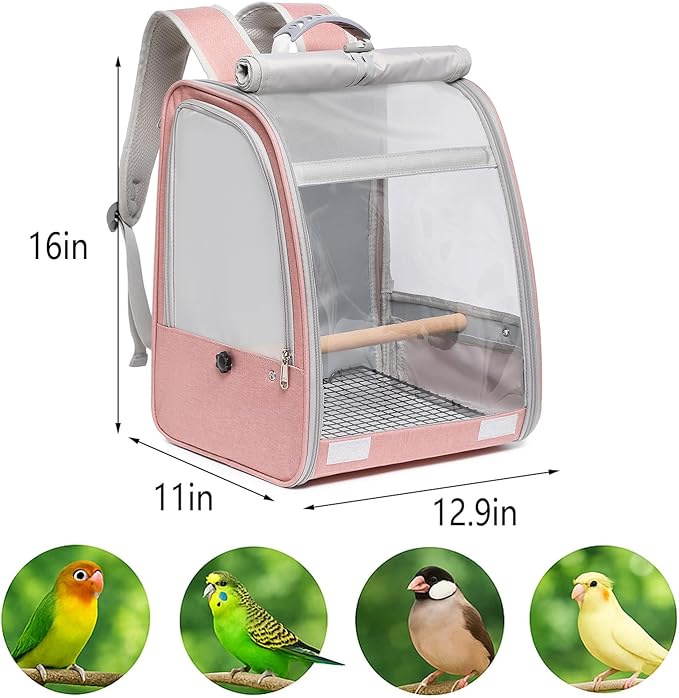 Bird Carrier Backpack, Portable Travel Bird Cage with Standing Perch, 2 Feeder Cups, Iron Mesh Stand & Removable Tray Lightweight, Breathable Mesh Window for Parrot Carrier，Easy Clean (Pink)