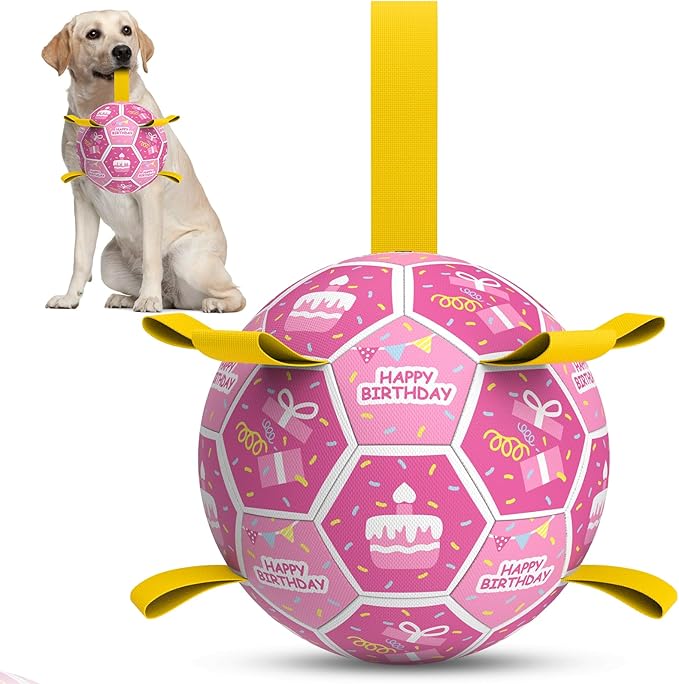 QDAN Dog Birthday Toys, Squeaky Dogs Toys, Dog Soccer Ball with Straps, Puppy Gifts, Herding Balls with Bell Inside, Water Toy, Durable Ropes Ball for Medium Large Dogs (8 inch)