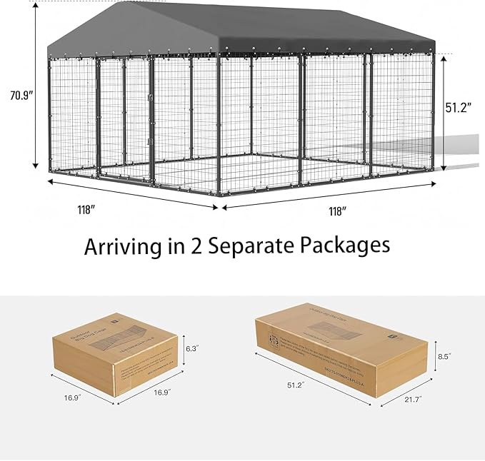 Dog Kennel Outdoor, 10x10x6 FT Heavy Duty Dog Pens Outside with UV & Water Resistant Roof, Large Dog Fence for Yard Metal Chicken Run with Double Locks