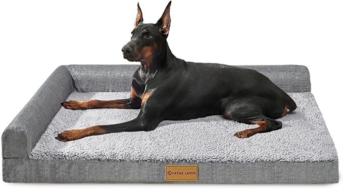Patas Lague Orthopedic XL Dog Bed Large Sized Dog 48''X30'', Waterproof L Bolster Big Large Pet Sofa Beds with Removable Washable Cover, Soft Comfortable Pet Couch Crate Mat with Nonskid Bottom, Grey