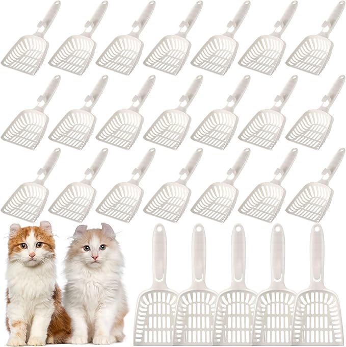 24 Pieces Litter Scoop Bulk for Cats Plastic Pet Kitty Litter Scooper Durable Deep Shovel for Pet Stores Veterinary Clinic, Long Handle White