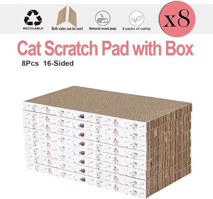 8 Packs in 1 Cat Scratch Pad, Cat Scratcher Cardboard,Reversible,Durable Recyclable Cardboard, Premium Scratch, Suitable for Cats to Rest, Grind Claws and Play