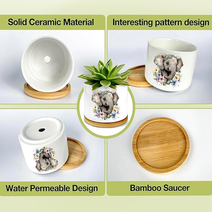 Elephants Succulent Pots 3 Pack, 3 Inch Succulent Planters with Drainage and Bamboo Tray, Elephants Gifts for Women, Ceramic Small Pots for Baby Plants, Cactus, Herbs- Plants Not Included