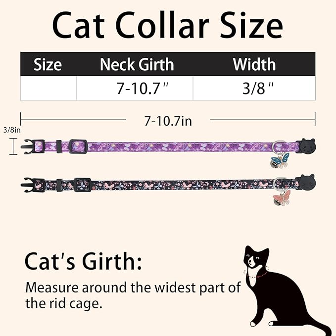 Cat Collar Breakaway, 2 Pack Cotton Cats Collars with Bells, Cute Butterfly Shaped for Girl Boy Kittens, Purple and Black
