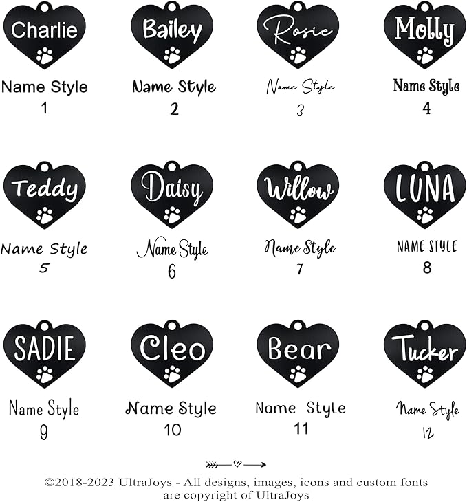 Ultra Joys Dog Tags Personalized for Pets - Hollow Paw Custom Pet ID Tag - Engraved Dog Tag for Small, Large Dogs - Small Heart in Black