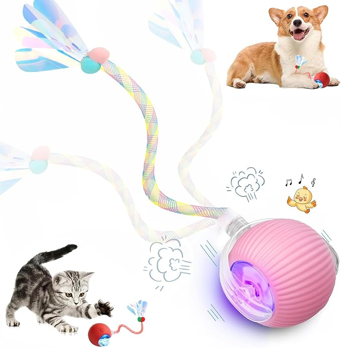 Speed 2.0 Tail Interactive Cat Toys for Indoor Cats, Chirping & Motion Activate Ca t Toy, Smart Kitten Rolling Ball Moving Ball Toys, Rechargeable Dog Cat Bal l for Enrichment Exercise (Pink)