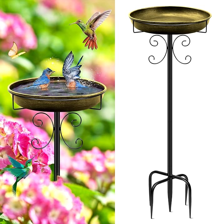 Daoeny 35In Metal Bird Bath for Outside, Vintage Bird Bath Bowl, Detachable Birdbath & Birdfeeder with 5 Prongs Base Stake, Bird Baths for Outdoors Garden Yard Lawn Decor (Antique Golden)