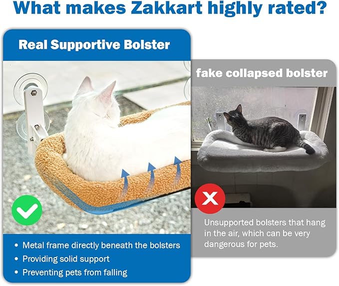 Zakkart Foldable Cat Hammock for Window - Cordless, Embeded Machine Washable Bed, Robust Metal Frame - Cat Window Perch for Large Cats and Kitten (Brown Bolster Bed, Medium)