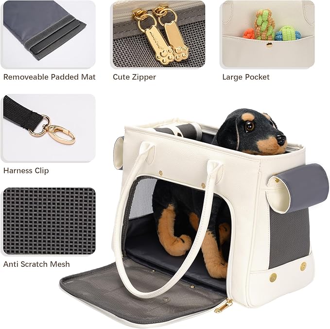 Fashion Pet Carrier Purse for Small Cat and Dog, Luxury Pu Soft-Sided Tote Bag with Large Pockets for Dogs and Puppies (White, 15.8" L x 7.5" W x 11.8" H)