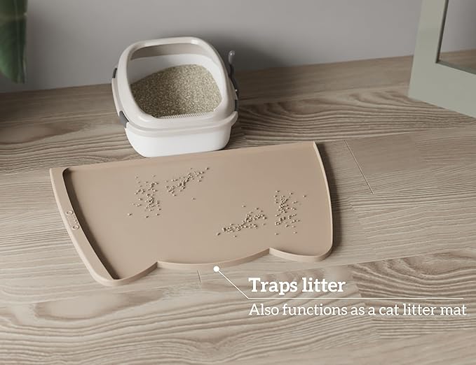 OHMO Dog Food Mat(Beige, 24 * 15'') w/Residue Collection Pocket Silicone Pet Feeding Mat for Floor High Edges Anti Spills Waterproof Cat Water Bowl Tray, Easy Clean Placemat