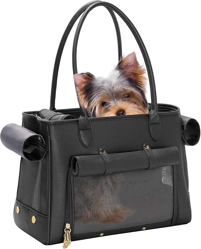 Fashion Pet Carrier Purse for Small Cat and Dog, Luxury Pu Soft-Sided Tote Bag with Large Pockets for Dogs and Puppies (Black, 15.8" L x 7.5" W x 11.8" H)