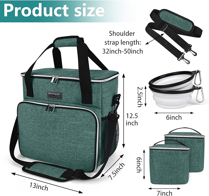 BAGLHER Pet Travel Set Airline-Approved Carrier for Small/Medium Cats & Dogs + Travel Bag with Food Containers & Silicone Bowls, Grey & Green
