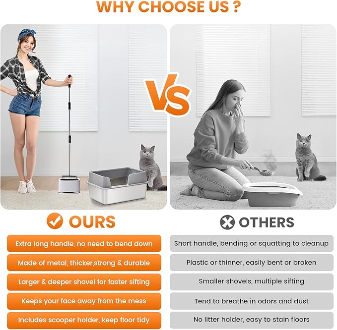 Cat Litter Scoop with Holder 43" Metal Litter Scooper with Stainless Steel Long Handle, Large Kitty Box Scooper Heavy Duty Deep Shovel for Fast Sifting, Dog Waste Scooops for Outside Pet Poop