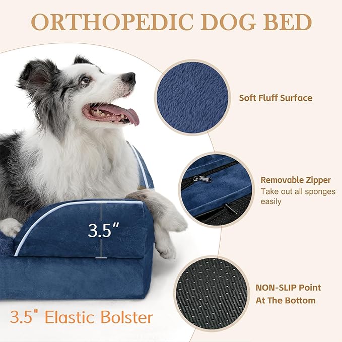 Comfort Expression Orthopedic Dog Bed for Small Dogs 24x16 Inch, Waterproof Supportive Egg Crate Foam Small Pet Bed with Removable Bolsters, Dog Couch with Washable Cover & Non-Slip Bottom, Navy Blue